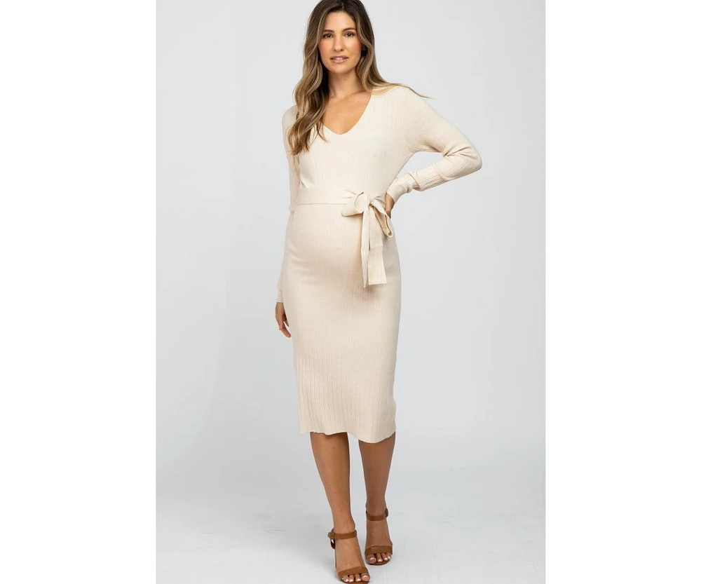 Pinkblush Maternity Beige Tie Front Sweater Midi Dress