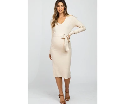 Pinkblush Maternity Beige Tie Front Sweater Midi Dress