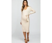 Pinkblush Maternity Beige Tie Front Sweater Midi Dress