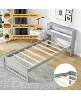 Gymax Twin Wooden Bed Frame w/ Charging Station & Led Light Storage Headboard