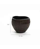 LuxenHome Brown with Black V-Pattern Polyresin -Inch Round Planter