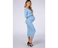 Pinkblush Maternity Light Blue V-Neck Long Sleeve Fitted Maxi Dress