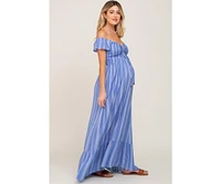 Pinkblush Maternity Blue Striped Off Shoulder Front Tie Maxi Dress