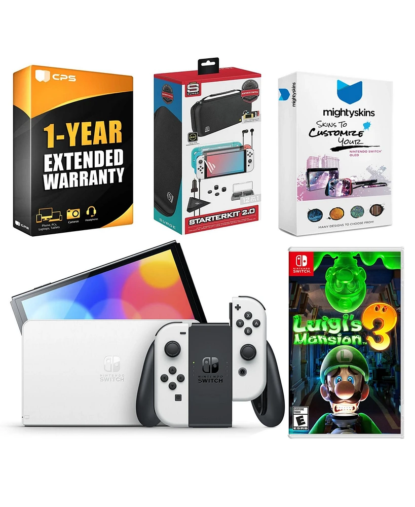Nintendo Switch White Oled Console with Luigi s Mansion 3, Surge Accessory Gaming Kit, MightySkins Console and Controller Skin Voucher