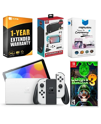 Nintendo Switch White Oled Console with Luigi s Mansion 3, Surge Accessory Gaming Kit, MightySkins Console and Controller Skin Voucher