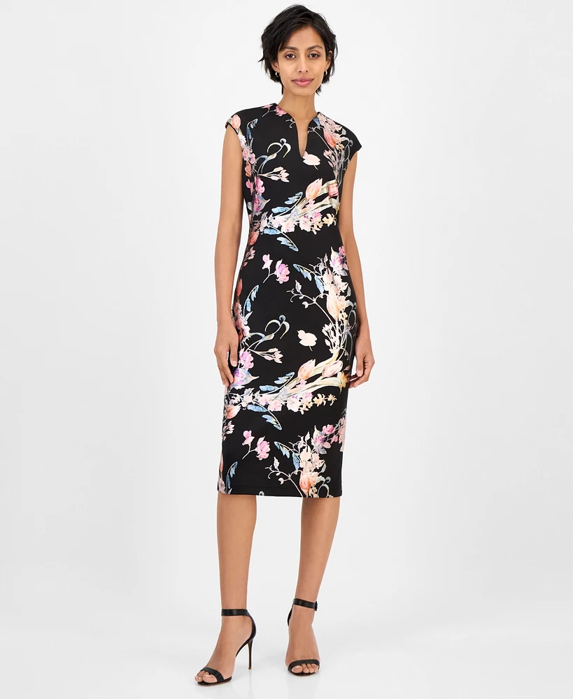 Connected Petite Floral Scuba Crepe Sheath Dress