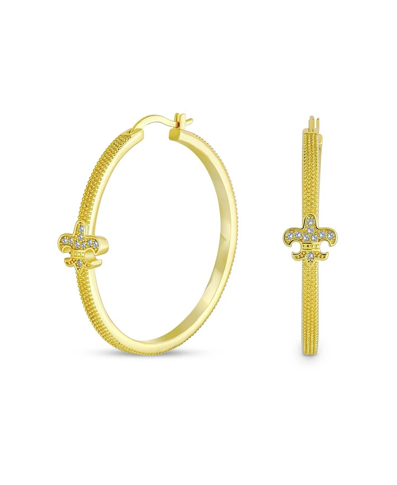 Bling Jewelry Fleur De Lis Tube Textured Large Hoop Earrings Pave Cz Cubic Zirconia Textured Gold Plated Brass 1.75 Inch Diameter