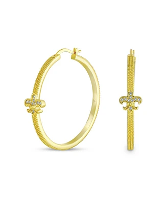 Bling Jewelry Fleur De Lis Tube Textured Large Hoop Earrings Pave Cz Cubic Zirconia Textured Gold Plated Brass 1.75 Inch Diameter