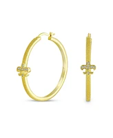Bling Jewelry Fleur De Lis Tube Textured Large Hoop Earrings Pave Cz Cubic Zirconia Textured Gold Plated Brass 1.75 Inch Diameter