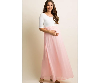 PinkBlush Petite Light Pink Chiffon Colorblock Maternity Maxi Dress