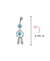 Bling Jewelry Western Native American Indian Dream Catcher Leaf Dangle Bar Navel Belly Ring Crystal 316L Stainless Steel 14 Gauge