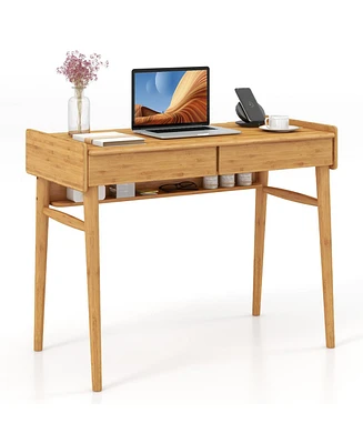 Bamboo Writing Desk with 2 Storage Drawers and Open Shelf