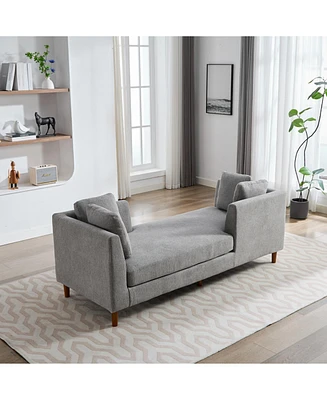 Gray Chenille Double-Sided Chaise Lounge Sofa w/ Pillows and Rubberwood Legs