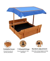 Wood Sandbox with Cover, Sand Box with 2 Bench Seats