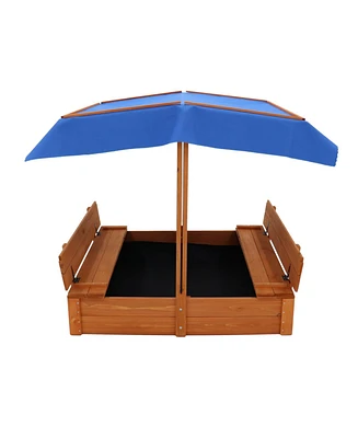 Wood Sandbox with Cover, Sand Box with 2 Bench Seats