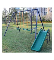 Heavy Duty A-Frame Metal Swing Set with Slide, 2 Weather-Resistant Seats, Easy Assembly, Perfect for Kids Ages 3-8