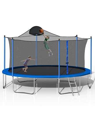 14FT Trampoline for Adults & Kids with Basketball Hoop, Outdoor Trampolines w/Ladder and Safety Enclosure Net for Kids and Adults