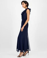 Alex Evenings Petite Ruffled V-Neck Sleeveless Mesh Gown