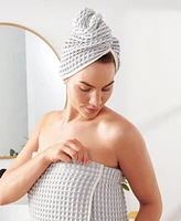 Dkny Pure Yarn Dyed Waffle Unbleached Cotton Body and Hair Wrap Set