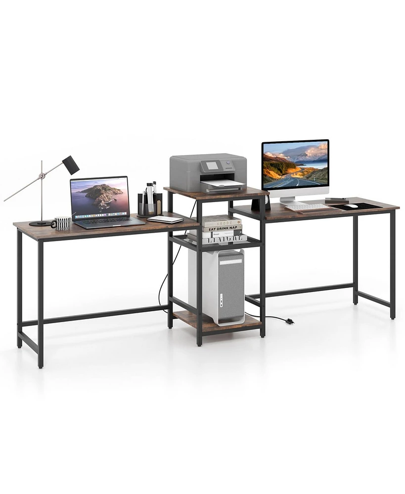 2-Person Computer Desk with Power Outlet and Printer Stand
