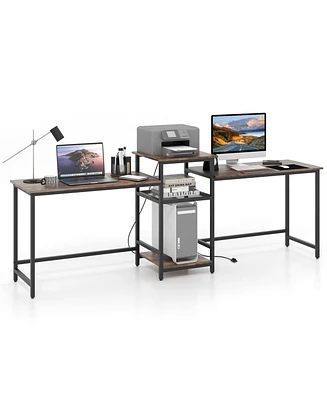 2-Person Computer Desk with Power Outlet and Printer Stand