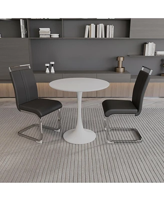 Modern White Tulip Dining Table with 2 Silver Pu Leather Dining Chairs