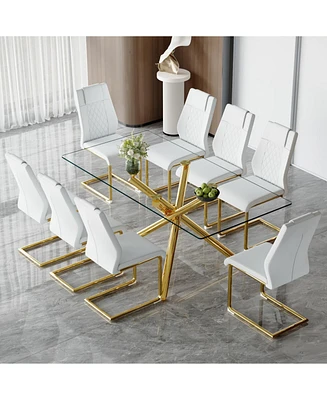 Luxurious Glass Dining Set: Glass Table & 8 Golden-Legged Pu Chairs