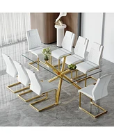 Luxurious Glass Dining Set: Glass Table & 8 Golden-Legged Pu Chairs