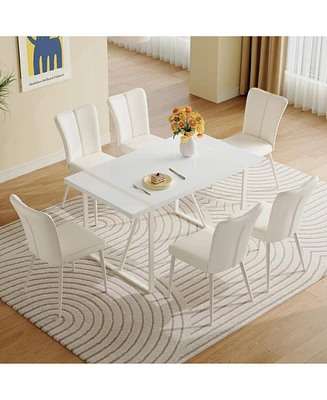 Cream-Style Dining Table Set with 6 Vertical-Back Chairs. White Mdf Tabletop, Metal Legs.