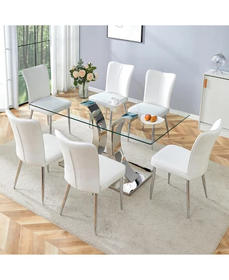 Modern Glass Dining Table (63"x35.4") with 6 Pu Chairs