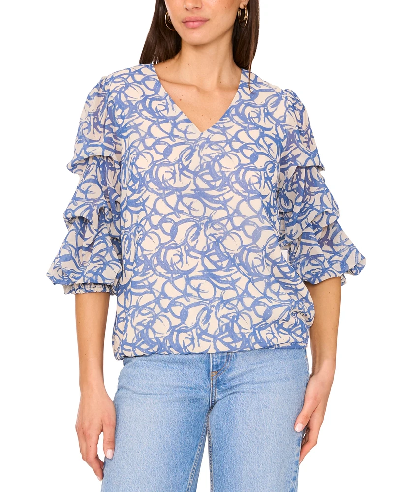 Vince Camuto Women's Printed V-Neck Lantern-Sleeve Top
