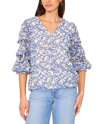 Vince Camuto Women's Printed V-Neck Lantern-Sleeve Top