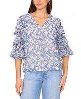 Vince Camuto Women's Printed V-Neck Lantern-Sleeve Top