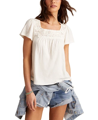 Lucky Brand Women's Cotton Crochet-Trim Top