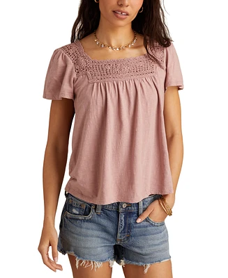 Lucky Brand Women's Cotton Crochet-Trim Top