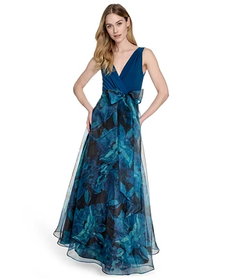 Eliza J Women's Surplice Printed-Skirt Sleeveless Gown