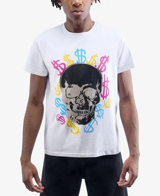 heads or tails Men's Multi Color Money Skull Rhinestone Crew T-Shirt