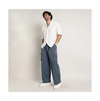 Campus Sutra Men's Prussian Blue Heathered-Relaxed Cargo Trousers