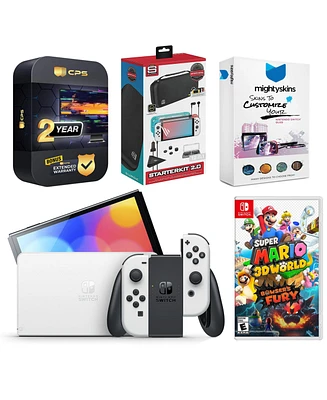 Nintendo Switch White Oled Console with Super Mario 3D World + Bowser's Fury, Surge Accessory Gaming Kit, MightySkins Console and Controller Skin Vouc
