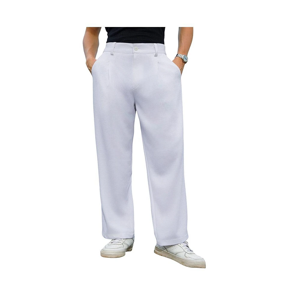 Campus Sutra Men's Cream White Straight-Fit Ribbed Trousers
