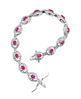 Sterling Silver White Gold Plating with Red Cubic Zirconia Link Fashion Bracelet