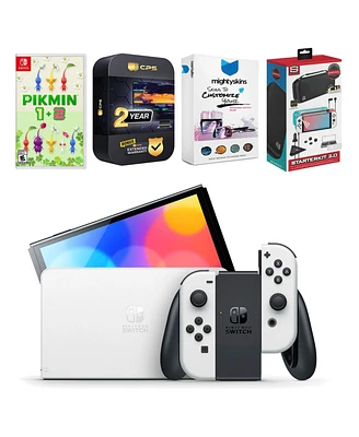Nintendo Switch White Oled Console with Pikmin 1 + 2, Surge Accessory Gaming Kit, MightySkins Console and Controller Skin Voucher and 2 YearCPS Extend