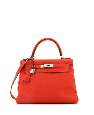 Pre-Owned Hermes Kelly 28 Handbag Red Clemence with Palladium Hardware