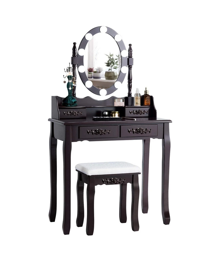 Makeup Dressing Table with Touch Switch Lighted Mirror and Cushioned Stool