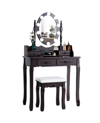 Makeup Dressing Table with Touch Switch Lighted Mirror and Cushioned Stool