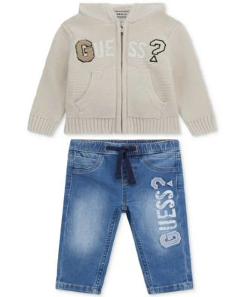 Guess Baby Boys Hooded Long Sleeve Zip Up Sweater Stretch Denim Pull On Jeans
