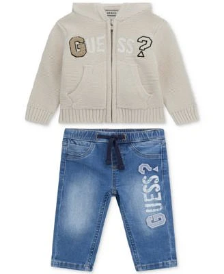 Guess Baby Boys Hooded Long Sleeve Zip Up Sweater Stretch Denim Pull On Jeans