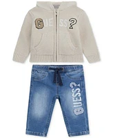 Guess Baby Boys Hooded Long Sleeve Zip Up Sweater Stretch Denim Pull On Jeans