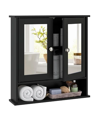 Double Door Wall-Mounted Bathroom Mirror Cabinet with Storage Shelf