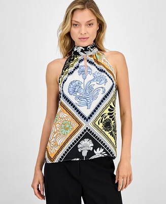 T Tahari Women's Printed Halter-Neck Keyhole Blouse